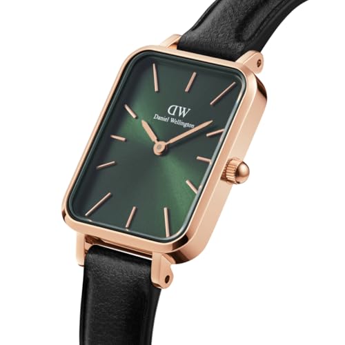 Image of Daniel Wellington Quadro Analog Watch for Women with Green Rectangle Dial & Black Leather Strap Band Water Resistant Women's Wrist Watches - DW00100446K