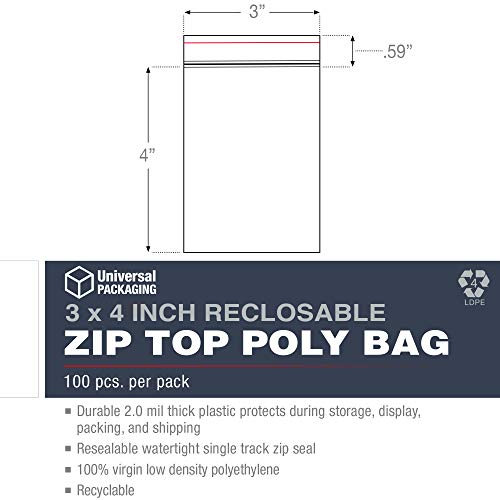 Universal Packaging 3 X 4 Inch Zip Top Resealable Clear Poly Plastic Storage Bags, 2.0 Mil, Zipper Lock Seal (100 Bags) #TOP1