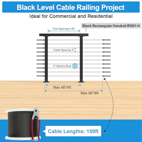 RailinGo 36\" Complete Set Cable Railing Post Kits, Wire Railing System Includes 2Pack Updated 35\" Level Drilled Posts, 4.5FT Cable Handrail, 1/8\" 150FT Wire Rope, Swageless Cable Railing System Kits