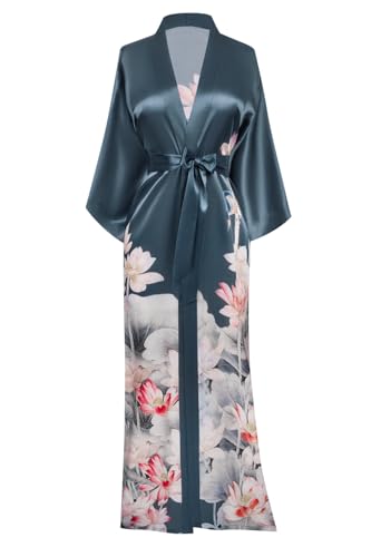100% Mulberry Washable Silk Kimono Robe Long - Luxury Kimono Robe for Women - Floral Print - Lotus - Nightshadow - Original Design