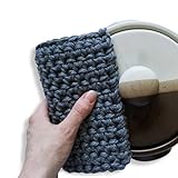 KEYAIIRA - Eco Friendly Organic Double Thick Cotton Potholder, Hand Crocheted & Hand Dyed - Pot Holders Handmade Removable Leather Loops Trivet Natural hot pad Washable Modern Kitchen (Denim)