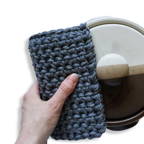 KEYAIIRA - Eco Friendly Organic Double Thick Cotton Potholder, Hand Crocheted & Hand Dyed - Pot Holders Handmade Removable Leather Loops Trivet Natural hot pad Washable Modern Kitchen (Denim)