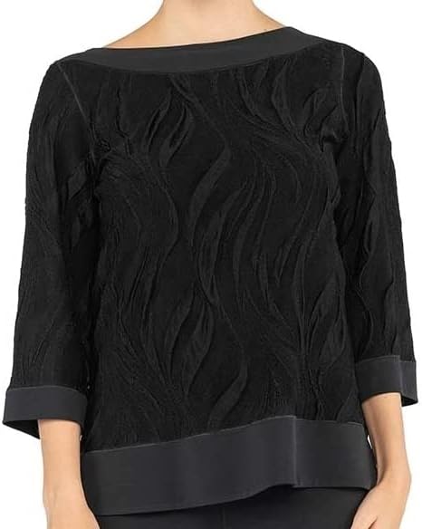3/4 Sleeves Boat Neck Framed Top -Black Crinkle