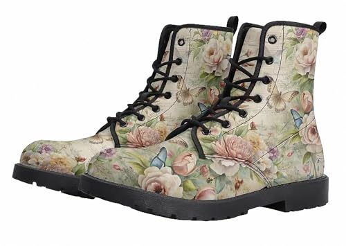 FQLGJMY Bottines Femme Style Vintage à Fleurs Papillon Rose Lacets Rétro Bout Rond Plates Peintes à la Main Parfaites Avec Jeans Robes Mode Décontractée...