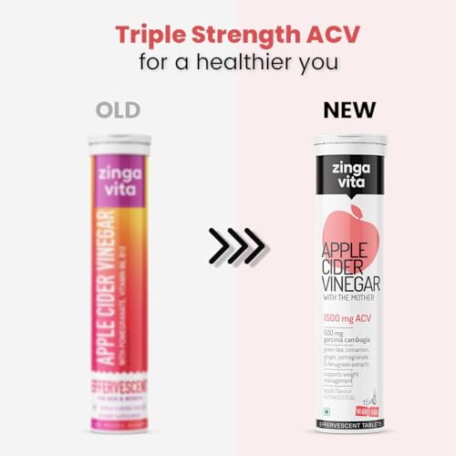 Image of Zingavita 3X Effective Apple Cider Vinegar 1500mg Effervescent Tablet for Weight Management | With Garcinia, Green Tea, Fenugreek, Cinnamon, Vitamin C, B12 & B6 | 100% Vegan | No Added Sugar - 15 Tablets