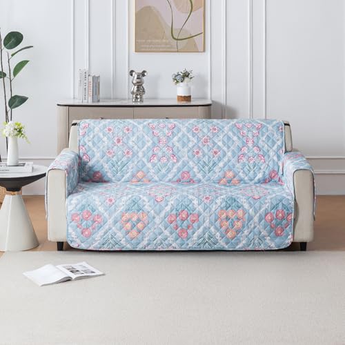 Image of House of Quirk 'Mughal Series' Anti-Slip Sofa Cover Mat with Pocket | Polyester Couch Protector for Pets, Kids & Spills (Gulshan Sky, 180x170cm, Three Seater)