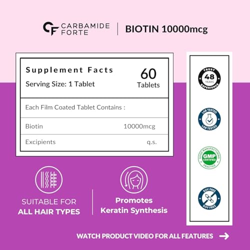 Image of Carbamide Forte Biotin Tablets for Hair Growth | Biotin Supplement 10000 mcg | Hair Supplements for Women & Men | 60 Hair Growth Tablets