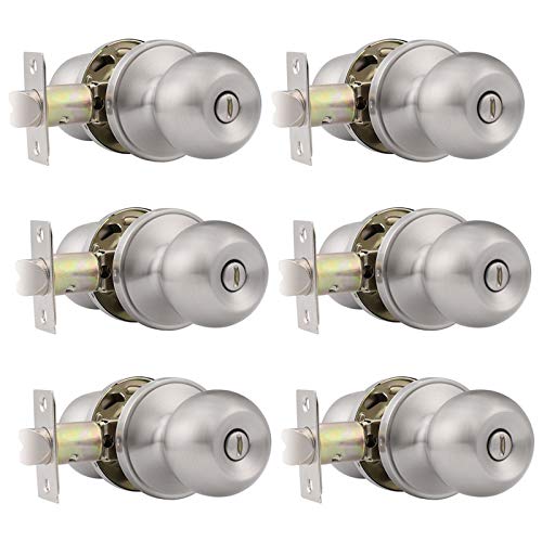 Gobrico Satin Nickel Interior Door Round Ball Knob Privacy Door Lockset for Bed and Bathroom/Thumb-Turn Knob Inside Pack of 6
