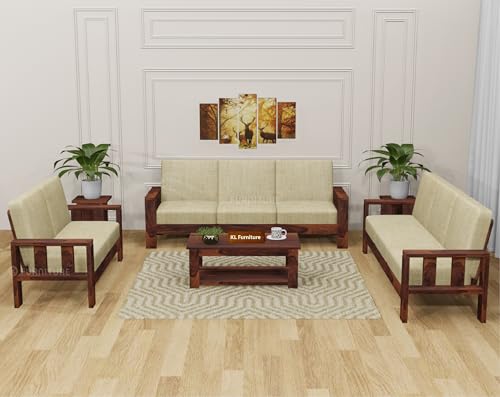 Image of KL Furniture Wooden 8 Seater Sofa Set for Living Room | Sheesham Wood Sofa Set 8 Seater for Home| Solid Wood Sofa Set (3+3+2 Natural Finish)