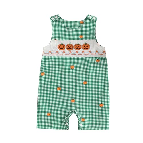 Muasaaluxi Newborn Baby Boy Halloween Outfit Sleeveless Pumpkin Embroidery Romper Plaid Bodysuit One Piece Jumpsuit 0-18M (Green, 6-12 Months)