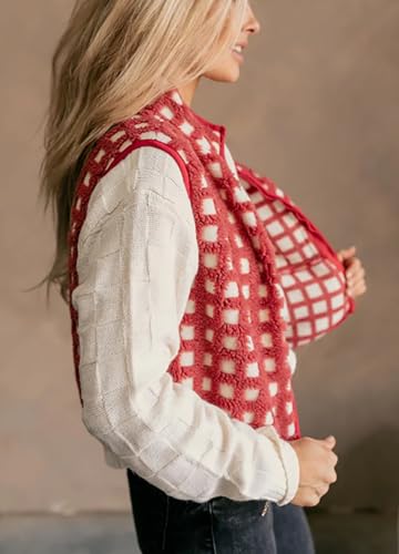 Women's Zip Up Sherpa Vest Checkered Fleece Vest Fall Winter Sleeveless Cardigan Warm Collared Outerwear Vests4