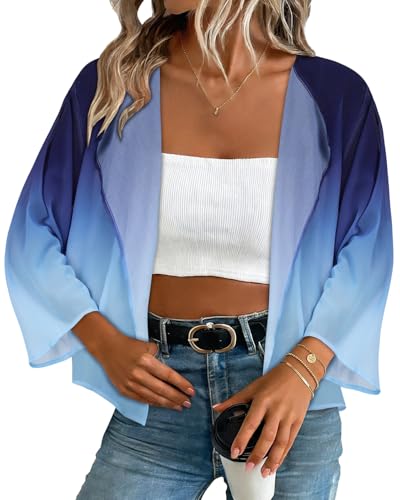 Women Kimonos Cardigan Floral Print Shrugs Open Front Chiffon Casual Wrap Tops 2026 (Blue Gradient,L) - Thumbnail 5
