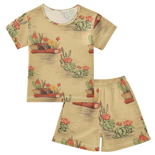ALAZA Cactuses Books Pattern Pajama Set Short Sleeve Sleepwear Soft Lounge Nightwear