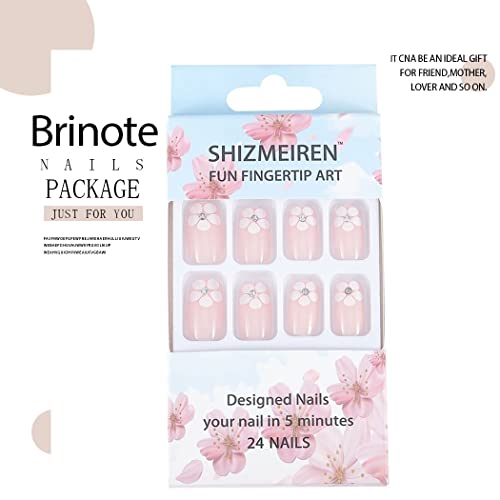 Brinote Square Fake Nails Flower Pink Press On Nails Medium Length False Nails Glossy Acrylic Nails Crystal Full Cover Nails With Design Party Fingernails Manicure Nails Tips Clip On Nails For Women And Girls（24Pcs） (Pink) (Pink) (Pink Flower) #TOP5