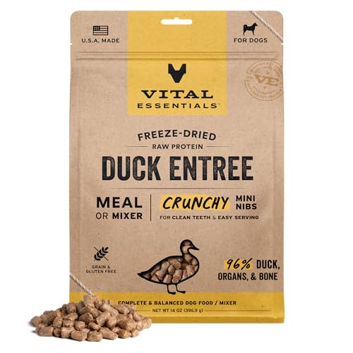 Vital Essentials Freeze-Dried Raw Dog Food, Duck Crunchy Mini Nibs | Complete Meal or Mixer | High Protein Dog Food | 14 oz