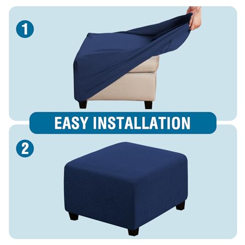 Image of H.VERSAILTEX Square Ottoman Covers Ottoman Slipcovers Folding Storage Stool Furniture Protector Form Fit with Elastic Bottom, Stretch High Spandex Small Checks Jacquard Fabric(Large,Navy)