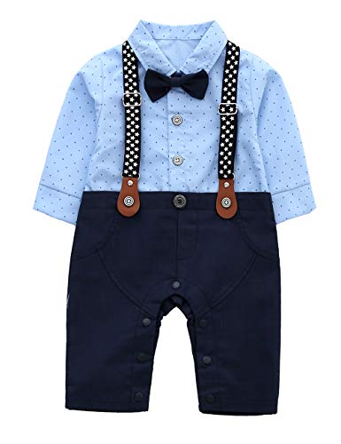 HMD Baby Boy Long Sleeve Gentleman White Shirt Waistcoat Bowtie Tuxedo Onesie Romper with Suspenders(Light Blue2190, 9-12 M)