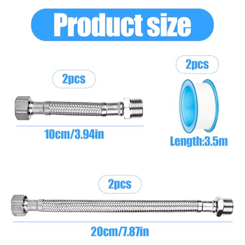 4 Stück Panzerschlauch 3/8 zoll, 20cm/10cm Flexschlauch, 304 Edelstahl Umflechtung Verlängerung, für Wasserhahn Mischbatterie