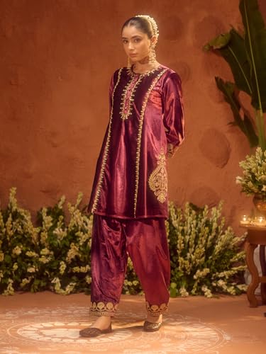 Image of FIORRA Women Wine Ice Velvet Embroidered Kurta Set with Dupatta
