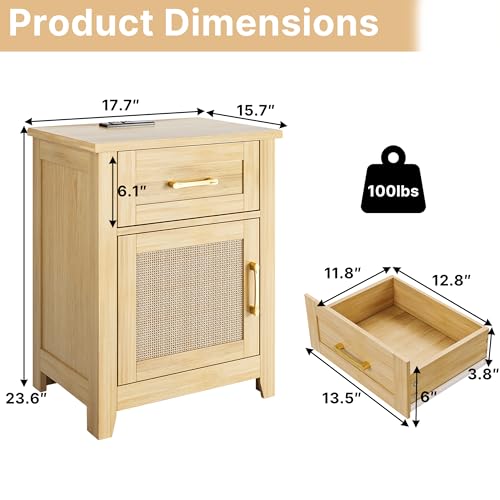 Image of Decofy Rattan Nightstand Set of 2 with Charging Station, Drawer and Cabinet