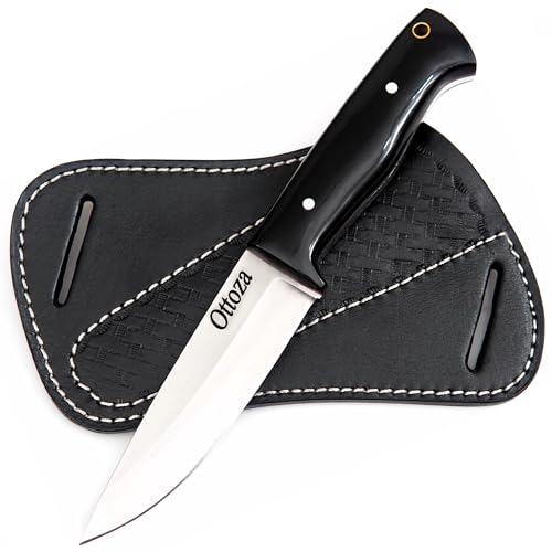 Ottoza Bushcraft Knife with Sheath & Cow Horn Handle - Outdoor, Survival, Camping Knife - 1095 High Carbon Steel Fixed Blade Hunting Knives for Men Cross Draw Sheath 426