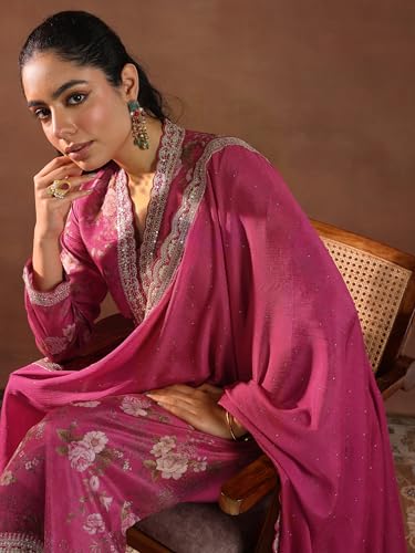Image of Libas Womens Printed Silk Blend Straight Kurta With Palazzos and Dupatta | daily wear suit