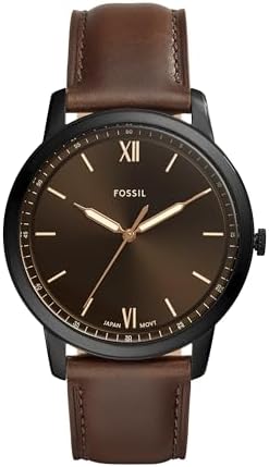 Fossil Men's Minimalist Quartz Stainless Steel and Brown Leather Three-Hand Watch for Men, 44mm Big Face, Black/Dark Brown