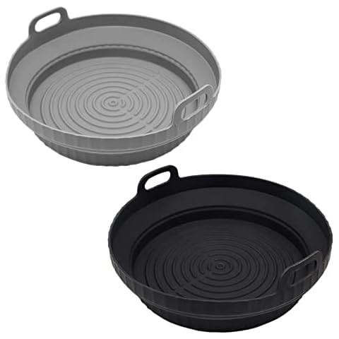 DIFCUL 2PCS Air Fryer Silicone Pot, 8.5inch Reusable Silicone Air Fryer Liners,Round Air Fryer Accessories, Silicone Air Fryer Basket Replacement for Disposable Parchment Paper Liner(Black+Gray) Cover