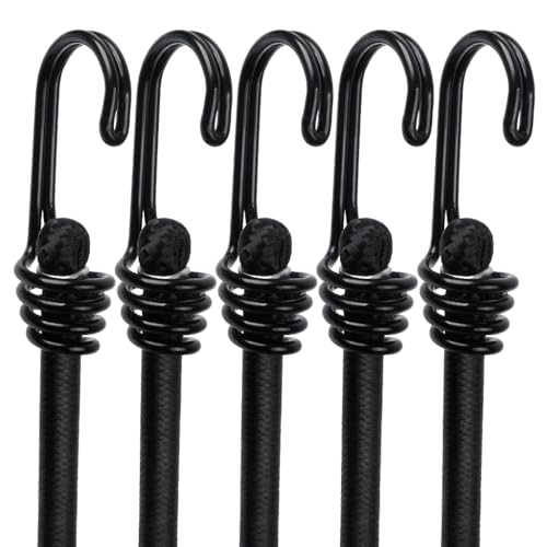 Image of 5-Pack Heavy Duty Bungee Cords with Hooks Weather Resistant Bungee Rope with Metal Double-J Hooks 8mm Thick Black Elastic Straps for Securing Luggage, Tarps, Tents and Outdoor Gear - 40"Long