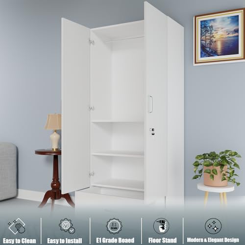 Image of VIKI Wardrobe | Wooden Almirah for 2 Door Wardrobe with 1 Drawer & Hanging Space (Frosty White - 40D x 80W x 180.8H) | 1 Year Warranty | Free Assembly