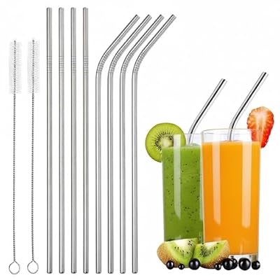 Stainless Steel Reusable Metal Straws with Cleaning Brush, Drinking Straws for Juice, Smoothie & Milkshake, Silver Pack of 4 (2 Straight + 2 Bent) with 2 Brush