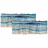 2 Pack Coastal Nautical Kitchen Valances for Windows, Ombre Navy Blue Short Valance Curtains Rod Pocket Window Treatments Modern Abstract Beach Wave Valances for Living Room 42x12 Inch, 2 Panels