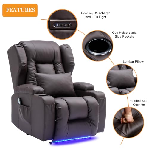 Image of Oprisen Wall Hugger Power Recliner Chair Set of 3, Overstuffed Home Theater Seating w /Heat Massage Electric Movie Gaming Sofa Reclining Sleeper Chair with LED Light /Lumbar Pillow /Cup Holders