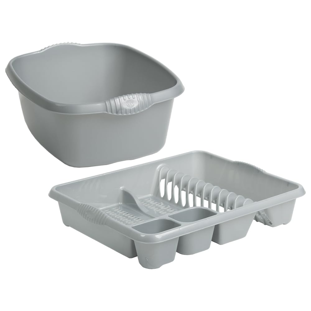 Combo Set of 2-39cm Rectangular Plastic Washing Up Bowl & Large Dish Drainer Rack Draining Board Tray with Utensil Holder Durable Kitchen Sink Organiser Set for Home & Restaurants (Silver)