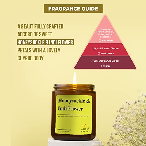 Image of AuraDecor Scented Jar Candle | Handpoured Soy Wax Candle with Long Lasting Burn Time | Premium Amber Jar Aromatherapy Candle | Ideal Gift for Home & Decor (Extra Large, Honeysuckle & Indi Flower)