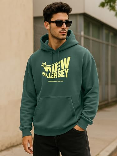 Image of Veirdo Polycotton Spun Oversized Fit Hooded Sweatshirt Full Sleeves Front Chest Graphic Printed Drop Shoulder Jumper Hoodie for Men (Colors: Blue, Black, Gray, Smoke Pine & Peach)