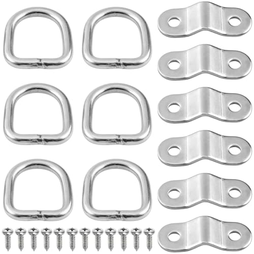Paquete de 6 anclajes de amarre de anillo en D de acero inoxidable con agujero de tornillo de 1/4 pulgadas de carga de hasta 120 kg de carga para montaje de cinturón de cuerda de carga de camión