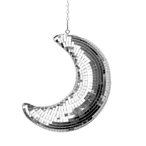 Adorno de bola de discoteca colgante en forma de luna, colgante decorativo de espejo para fiesta, hecho a mano, decoración colgante de los años 80 para el hogar y