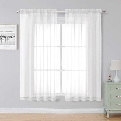 Image of Simplebrand White Sheer Curtains, 63 inch Length, 2 Panels Set - Light Filtering, Rod Pocket Window Curtains for Bedroom (White, 59 inch W x 63 inch L)