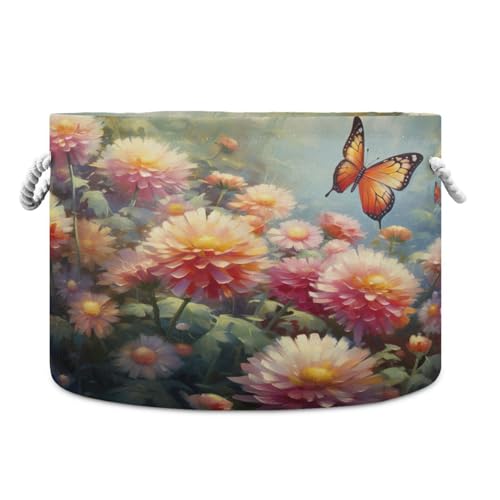 Round Butterfly Chrysanthemums Spring Storage Basket Large Organizer Bin Laundry Hamper Toy Storage Basket with Handle for Nursery Clothes Toys 202b3961