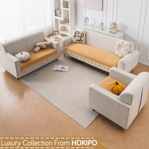 Image of HOKIPO 'Serenity Tassel' Chenille Sofa Cover 6 Seater Set with Tassels - Washable 3+2+1 Sofa Cover Mat | Sunlit Amber (IN-890 + IN-891 + IN-892 - GLD)