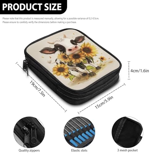Image of Cartoon Cow Crochet Hook Case Sunflower Portable Knitting Needle Case with Web Pockets Swing Crochet Hooks Accessories Easy to Take