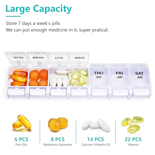 Image of Large Pill Boxes and Organizer 2 Times a Day, MOLN HYMY 7 Day AM PM Pill Case, 14 Compartments Pill Dispenser to Hold Big Vitamin Supplements Fish Oil (Black+White)