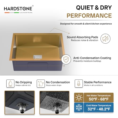 Image of HARDSTONE Premium Kitchen Sink | Single Bowl 24x18x9 Inch | Handmade Heavy Duty Stainless Steel Wash Basin with Matte Gold Finish | Includes Waste Hose Pipe, Coupling & Compact Drying Rack | Gold