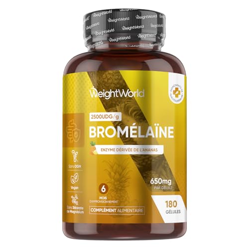 Bromelaine Gélules 650 mg (2500 UDG/g), 180 Gélules, 6 Mois d'Apport, avec Enzymes Digestives Dérivée de la Tige d'Ananas, Source de Manganèse, Cuivre, Vitamine C - Vegan & sans Stéarate de Magnésium