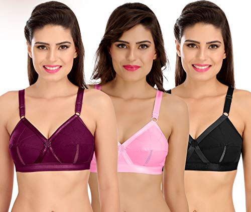 Image of SONA Women's Cotton Non-Padded Non-Wired Full Coverage Bra (Wine-Pink-Black 42B) Pack of 3