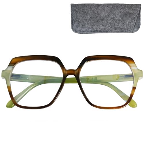 Mini Brille Gafas Luz Azul Mujer sin Graduar con Lentes Hexagonales Grandes, Funda, Montura Gruesa de Plástico (Color verde), Gafas Para Pantallas de Ordenador