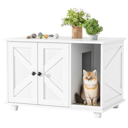 Image of Giluta Cat Litter Box Enclosure,Hidden Litter Box Furniture Cabinet with Scratching Pad,Wooden Pet House Side End Table for Living Room Washroom,31.5 x 20.5 x 21.6 Inches (White)