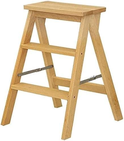 OKUOKA Step Stool 3-Step Foldable Solid Wood Ladder Stool Dual-use Creative Stairs Ladder Chair Household Multifunctional Indoor Moveable Step Ladders,42x48x64cm Step Stool (Color : White