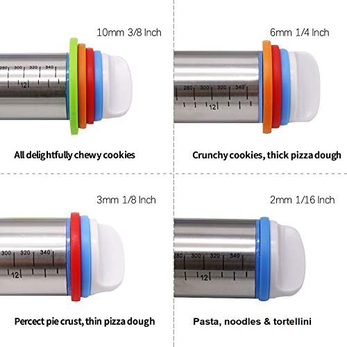 Rolling Pin, Dough Roller/Adjustable Rolling Pin/Stainless Steel Rolling Pins with 4 Removable Adjustable Thickness Rings for Baking Pizza, Fondant, Pie Crust, Pastries, Pasta and Cookies
